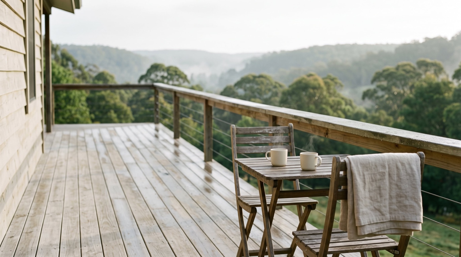 Deck de madeira com mesa para café da manhã, de frente para a mata e as montanhas